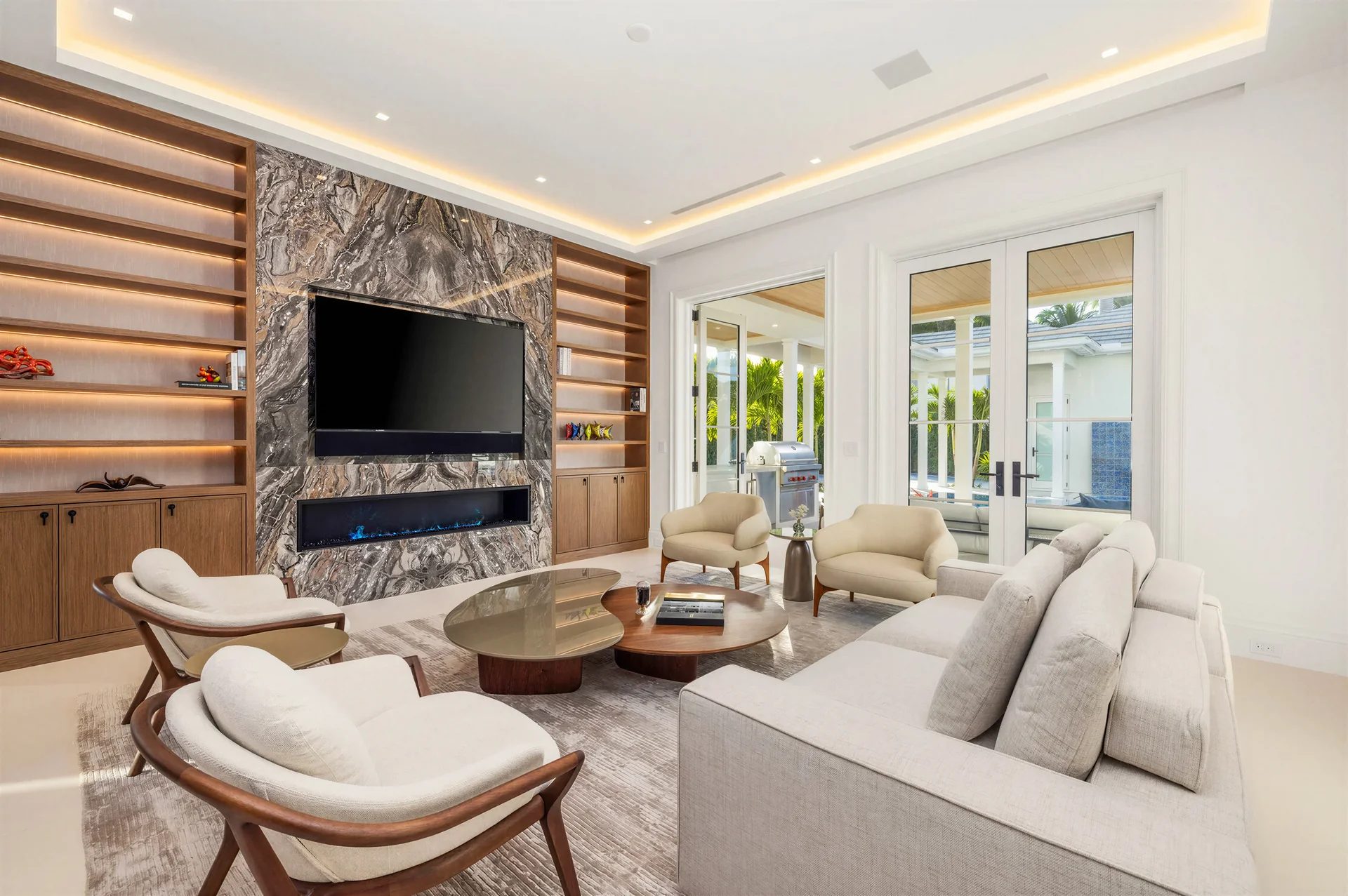 Staged living room with fireplace