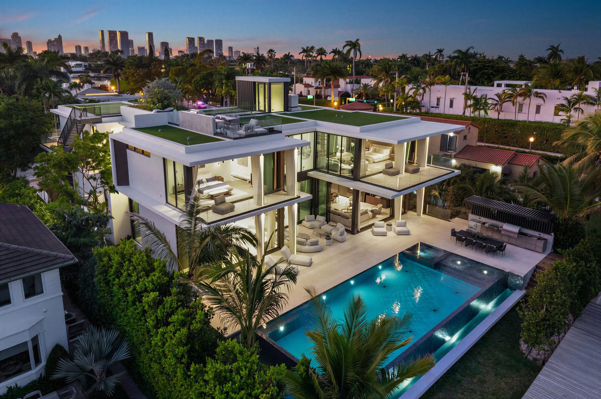 Waterfront estate at dusk