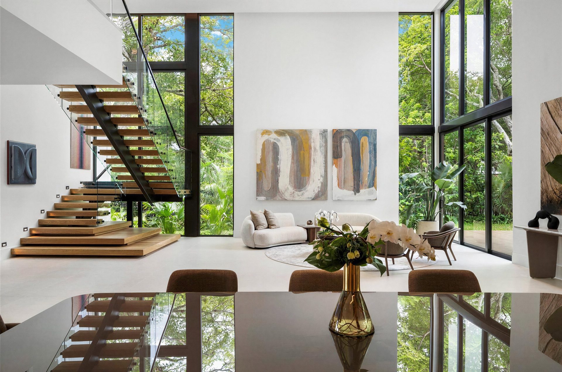 Floating staircase and staged living room